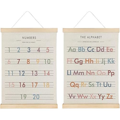 Qvapt Alphabet Wall Art Posters,Alphabet Wall Chart, Alphabet Hanging Decor,Number Alphabet Poster for Kids,Abc Banner, Alphabet Number Posters 12x16 with Hanger, Alphabet and Numbers Flag, Set of 2