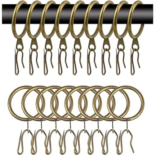 40 Pcs Metal Curtain Drapery Rings Curtain Rod Rings and 40 Pcs Metal Curtain Drapery Hooks Drapery Pins, 30 mm Internal Diameter Decorative Curtain Hanging Rings for Curtain & Rods (Green Bronze)
