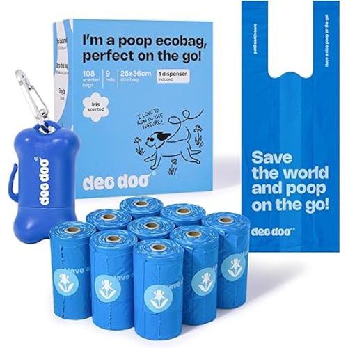 Deo Doo Dog Poop Bags with Handles 9 Rolls 108 Counts Big Sizes Leak Proof and Extra Thick Waste Bags Refill Rolls for Walking Small Medium Large Dogs Cats Litter With Holder Iris Scented