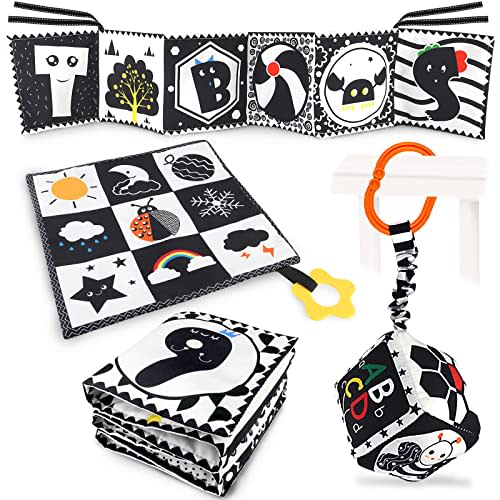 KUANGO 3 PCS Black and White High Contrast Baby Toys 0-3 Months for Newborn, Montessori Toys for Babies Sensory Soft Book for Early Education, Infant Tummy Time Toys 0 6 9 Months Baby Gifts