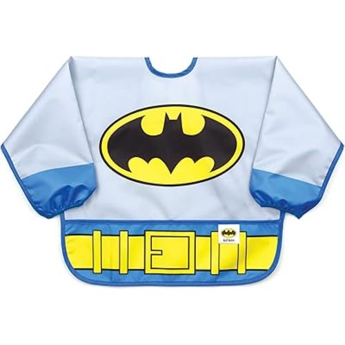 Bumkins Sleeved Bib for Girl or Boy, Baby and Toddler for 6-24 Mos, Essential Must Have for Eating, Feeding, Baby Led Weaning Supplies, Long Sleeve Mess Saving Food Catcher, Batman DC Comics