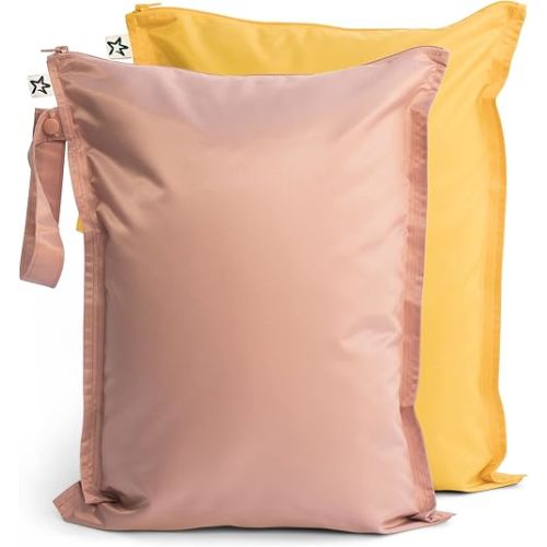 Tiny Twinkle Mess-proof Waterproof Wet Dry Bag | 2 Pack Reusable for Swimsuits, Gym & Baby Clothes | Leakproof Wet Clothes Bag, Beach Travel Essentials (Taupe, Dandelion)