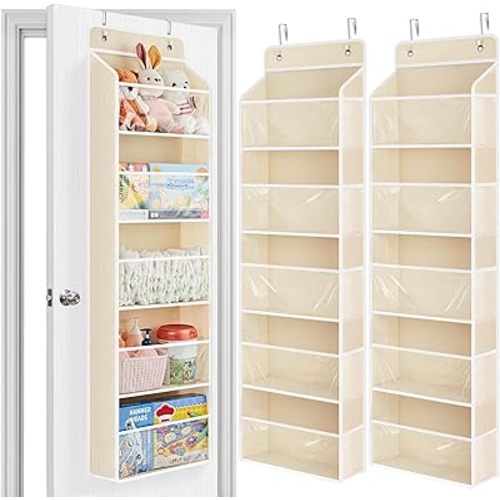 JARLINK 2 Pack Toy Stuffed Animal Storage, Over The Door Organizer W/Clear View Windows, 44lb Load, Baby Toy Storage Organizer for Nursery, Kid Bedroom, Newborn Baby Essentials (Beige)