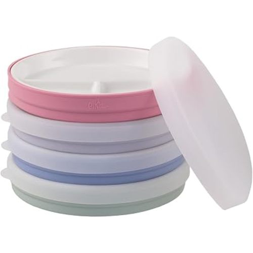 Elk and Friends Kids 6.7” Porcelain Divided Plates with Silicone Sleeves + Silicone Lids | Suitable for Babies/Kids/Toddlers | Microwave & Dishwasher Safe | Non Slip | Snack Dishes