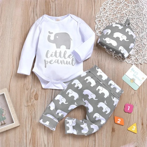3pcs Baby Boy/Girl 95% Cotton Long-sleeve Letter and Elephant Print Set