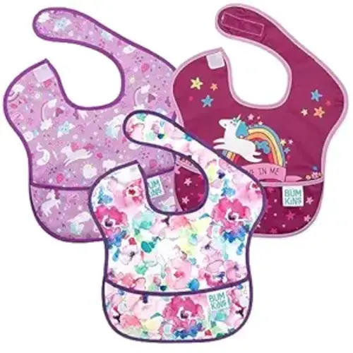 Bumkins Bibs for Girl or Boy, SuperBib Baby and Toddler for 6-24 Months, Essential Must Have for Eating, Feeding, Baby Led Weaning Supplies, Mess Saving, 3-pk - D5 Watercolors, Unicorns-3pk