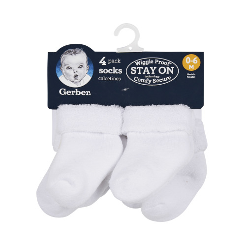 Gerber Gender Neutral White Terry Bootie Wiggle-Proof Socks, 4-Pack, Sizes Newborn - 0/6 Months