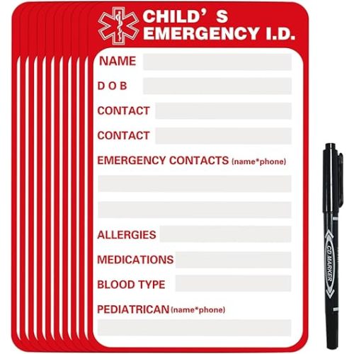 Car Seat Emergency Info Sticker，Emergency Contact Card，Waterproof Car Decorative Stickers - Personalized Car Stickers,10-Pack, Red