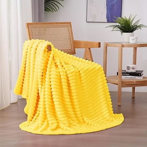 Bright Yellow Fleece Throw Blanket 50”×60” for Couch Sofa Bed,Super Soft Cozy Plush Microfiber Flannel Blanket with Stripes Design Lightweight for Adults,Woman,Girls