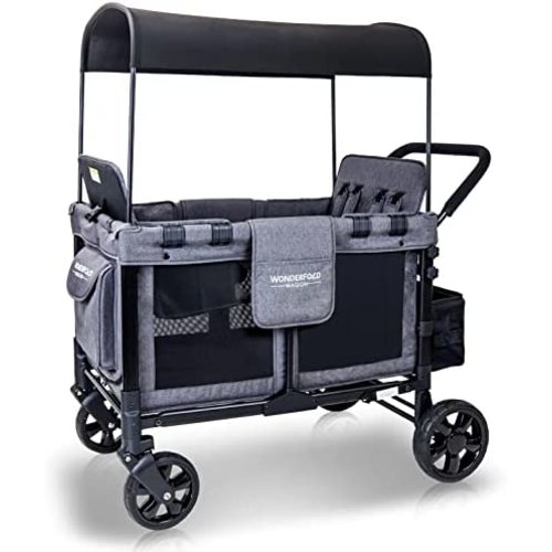 WONDERFOLD W4 Original Quad Stroller Wagon Featuring 4 High Face-to-Face Seats with 5-Point Harnesses, Easy Access Front Zipper Door, and Removable UV-Protection Canopy, Gray