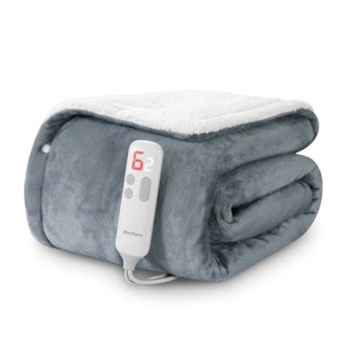 MaxKare 50" x 60" Electric Throw Blanket with 6 Heating Levels & 1-5H Auto-off, Machine Washable Flannel & Sherpa, Gray & White
