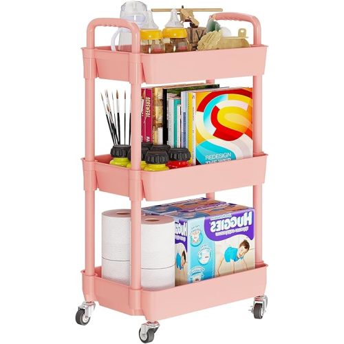 Laiensia 3-Tier Storage Cart,Multifunction Utility Rolling Cart Kitchen Storage Organizer,Mobile Shelving Unit Cart with Lockable Wheels for Bathroom,Laundry,with Classified Stickers,Pink