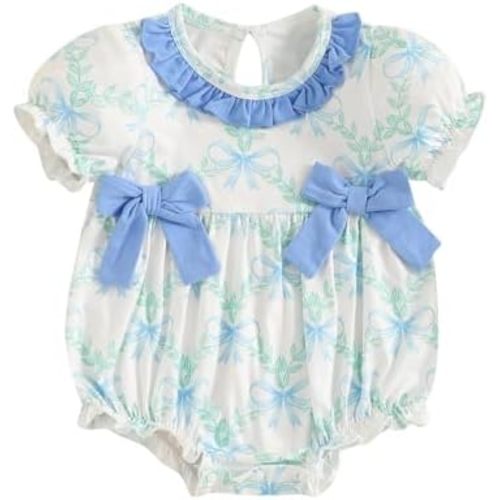 Newborn Baby Girl Romper Bow Embroidery Short Sleeve Pleated Smock Bubble Romper Jumpsuit Bodysuit Summer Clothes