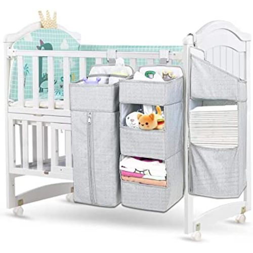 Hanging Diaper Caddy Organizer for Baby Crib - 3-in-1 Diaper Stacker for Changing Table Nursery Organization Storage Holder for Baby Essentials Attachment Portable Combining (Light grey)
