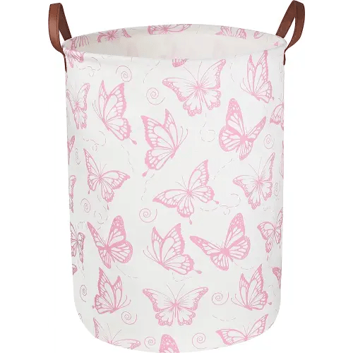 CLOCOR Pink Laundry Basket,Waterproof Nursery Hamper for Baby Girl ,Collapsible Storage Baskets for Girls Bedroom,Kids Toys Storage Bin,Room Decor,Gift Basket(Pink Butterfly