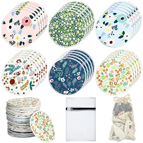 Sosation 30 Pcs Reusable Breast Pads Bamboo Nursing Pads with Wet and Laundry Bag Floral Nipple Pads Breastfeeding Mom Gift(Fresh Pattern)