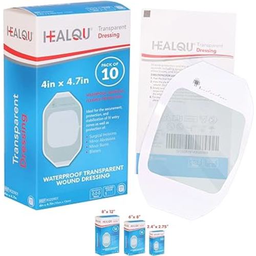 Transparent Film Dressing, 4" x 4 3/4" Box of 10 - Waterproof Wound Bandage Adhesive Patches, Post Surgical Shower or IV Shield, Tattoo Aftercare Bandage by Healqu