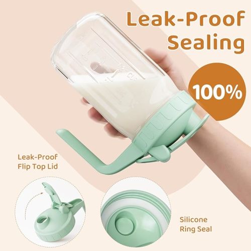 Breast Milk Pitcher, Mason Jar 32 oz, Heavy Duty Wide Mouth Jar with Green Flip Cap Lid and Pour Spout, Airtight Seal for Freshness and Convenience, Great for Cold Beverages and Home Entertaining