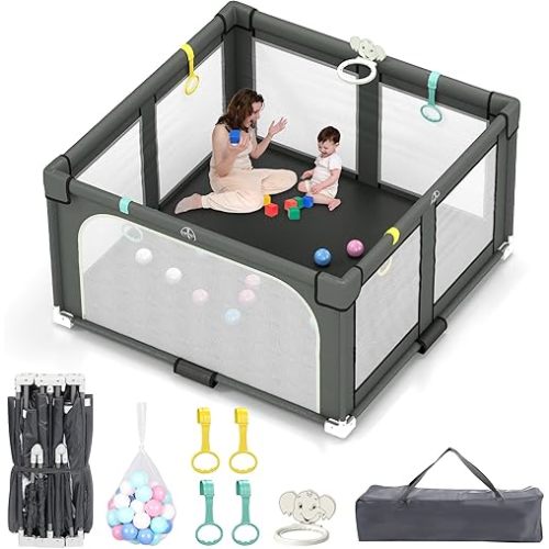 Foldable Playpen for Babies and Toddlers, 50" X 50" Large Collapsible Play Pen with Basket, 4 Handlers & 50 Ocean Balls, Portable Travel Play Yard with Carry Bag, No Installation, Grey