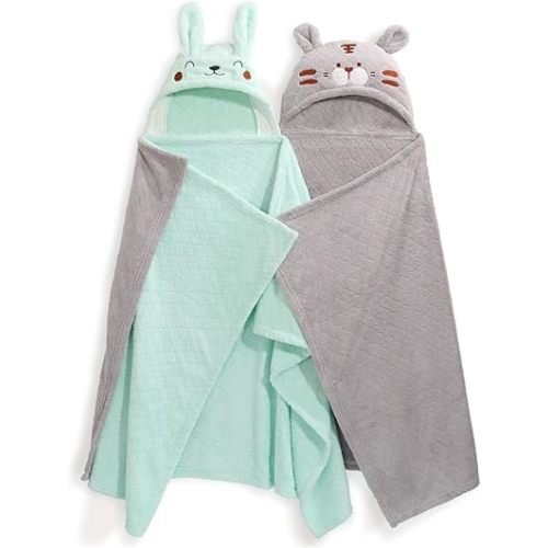Toddler Towels with Hood Age 0-5,2 Pcs Coral Fleece Baby Hooded Towel,Hooded Bath Towels for Toddlers with 1-3 Large Size 50 * 32 Inch,Ultra Absorbent and Soft Hooded Baby Towel Green&Grey Set