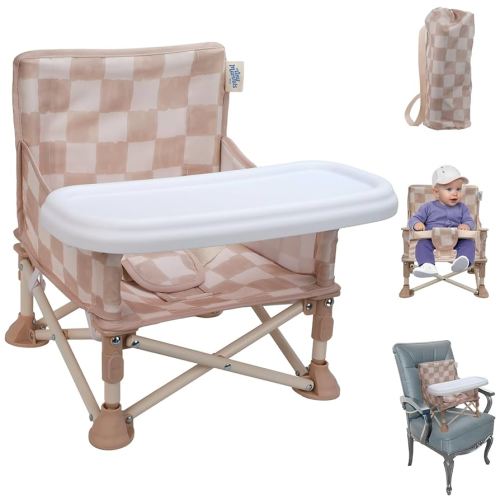 Portable 3-in-1 Baby Booster Seat, Cozy Floor Seat, Feeding Seat with Tray, Compact Foldable Toddler Booster with Child Safety Belt Carry Bag, Perfect for Travel (Sand Checker)
