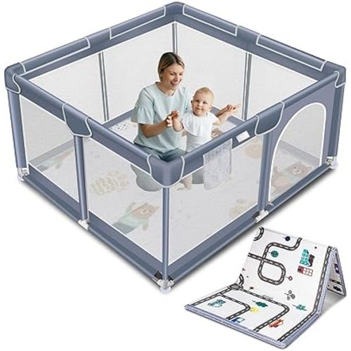 Suposeu Baby Playpen with Mat, Portable Baby Play Yard for Toddler, Safety Baby Gate playpen with Soft Breathable Mesh, Indoor and Outdoor, Large Kids Activity Centery (Grey)