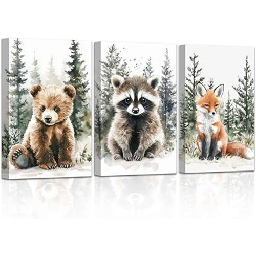 CHAOSETKEN Woodland Nursery Wall Art 3 Pieces Bear Fox Raccoon Canvas Prints Forest Wild Animals Poster Pictures Adventure Theme Paintings for Kids Room Decor Framed (Yellow,16.00" x 24.00" x 3PCS)