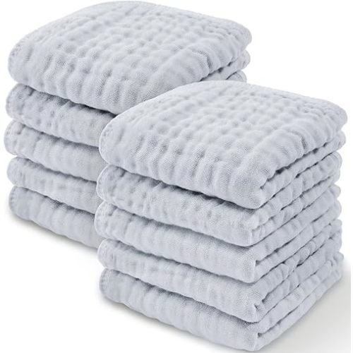 Comfy Cubs Muslin Baby Washcloths 10 Pack - Soft 6-Layer Cotton Wash Cloths for Sensitive Skin - 10"x10" Large, Gentle, Absorbent Infant Essentials for Newborn and Toddlers - Slate