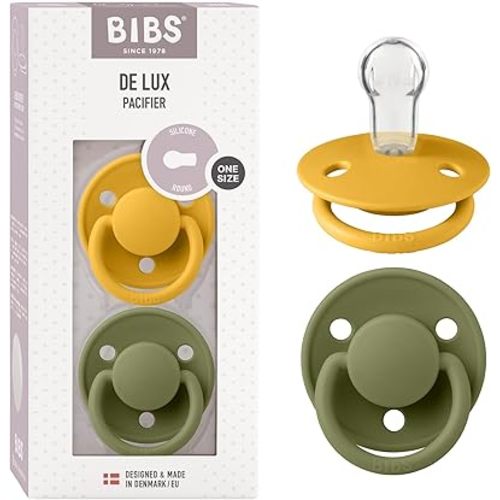 BIBS De Lux Baby Pacifier 2-Pack | Made in Denmark | BPA Free Dummy Soother, Round Nipple. Silicone, OneSize (0-36 Months), Honey Bee/Olive