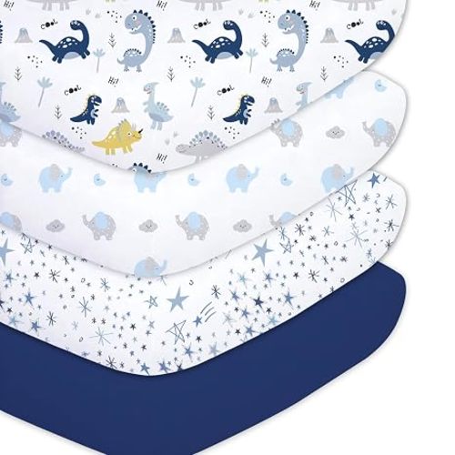 Plushii Crib Sheets for Baby Boys 4 Pack, 28"x 52" Extra Soft Microfiber Crib Sheet Set for Standard Crib & Toddler Mattress Pad, Dinosaur & Elephant & Stars & Navy Blue