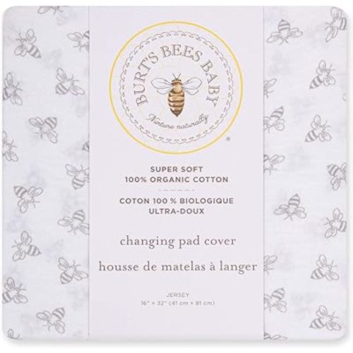 Burt's Bees Baby Unisex Baby - Changing Pad Cover, Grey Bees, 100% Organic Cotton