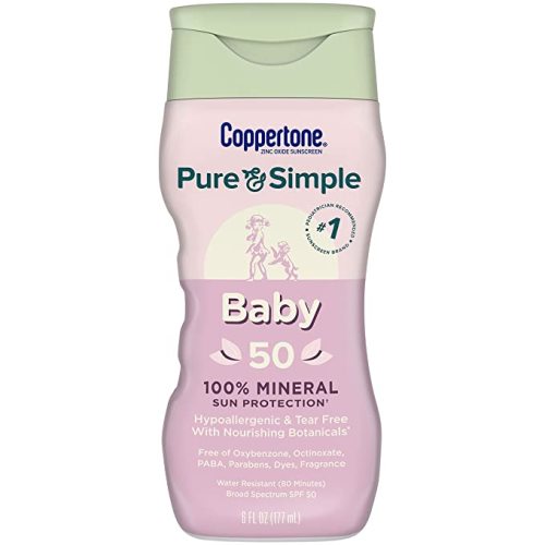 Coppertone Pure and Simple Baby Sunscreen SPF 50 Lotion, Zinc Oxide Mineral Sunscreen for Babies, Tear Free, Water Resistant, Broad Spectrum SPF 50 Sunscreen, 6 Fl Oz Bottle - White - 6 Fl Oz (Pack of 1)