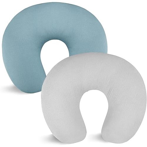 Hooyax Muslin Nursing Pillow Covers 2 Pack, Soft and Breathable Nursing Covers for Breastfeeding Pillows, Adorable Infant Feeding Pillow Slipcover for Baby Boy and Girls (Blue Grey)
