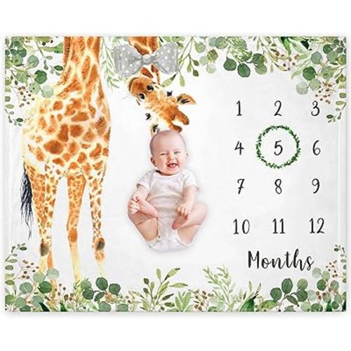 Yuzioey Andrain Giraffe Milestone Blanket, Safari Baby Growth Chart Monthly Blanket, Watch Me Grow Jungle Baby Nursery for New Moms Baby Shower(50"x40")