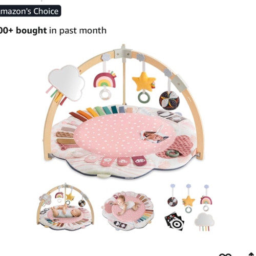 Blissful Diary Baby Play Gym & Activity Mat, 5 Developmental Zones Wooden Tummy Time Mat with 5 Detachable Sensory Toys for Motor Skills & Sensory Development, Baby Essentials Shower Gift, Pink Flower