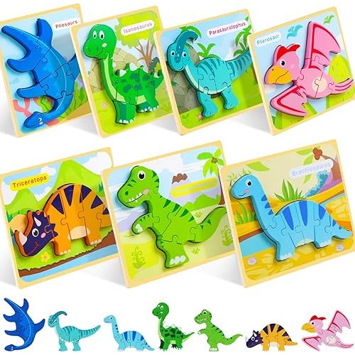 TOY Life Toddler Puzzles Ages 2-4, Wooden Puzzles for Toddlers 1-3, 7 Piece Dinosaur Puzzle 2 Year Old, Toddler Puzzles Ages 1-3, Toddler Boy Toys 2-3, Educational Toys for Toddlers 1-3