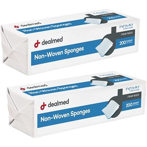 Dealmed 2" x 2" Non-Woven Gauze Sponges - 4-Ply All-Purpose Non-Sterile Pads, Absorbent Dental Gauze Wound Care Product for First Aid Kit/Medical Facilities, 200 Count (Pack of 2)