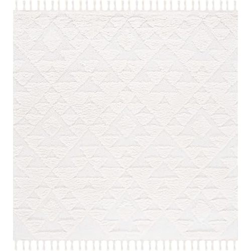 Safavieh Moroccan Tassel Shag Collection Area Rug - 5'3" Square, Ivory, Geometric Design, Plush 1.5 Inch Thick Ideal for High Traffic Areas in Living Room, Bedroom, Dining (MTS688C)