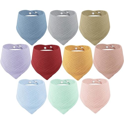 PandaEar 10 Pack Muslin Baby Bibs, 100% Cotton Baby Bandana Drool Bibs for Newborns Unisex Boys Girls, 10 Colors Set Absorbent Bandana Bibs for Teething & Drooling