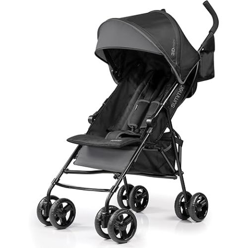 Summer by Ingenuity 3D Mini Convenience Stroller – Lightweight Stroller with Compact Fold, Multi-Position Recline, Canopy with Pop Out Sun Visor and More – Umbrella Stroller for Travel and More, Gray