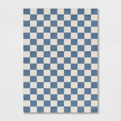 5'x7' Area Kids' Rug Checker Blue - Pillowfort™: Geometric, Fade & Stain-resistant, Medium Pile