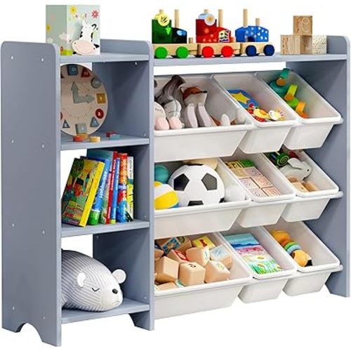 MallBest 4-Tier Kids' Toy Storage Organizer Shelf - 100% Solid Wood,Children's Storage Cabinet with 9 Plastic Bins and 3 Storage Ports(Grey-Single Color)