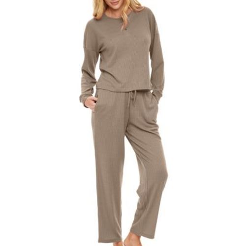 ADR Women's Ribbed Knit Pajamas Set Set with Pockets, Drop Shoulder Sleepshirt and Pajama Thermal Underwear Pants Beige Large