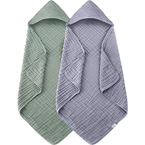 2 Pack Hooded Baby Towels - 100% Muslin Cotton for Newborns, Infants, Toddlers - Large 32x32Inch Size - Highly Absorbent and Essential for Newborn Care, Green and Grey