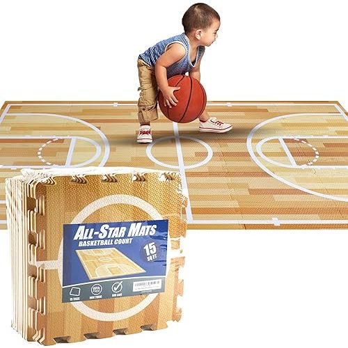 15pcs Kids Basketball Court Foam Puzzle Play Mats, 3'x5' Interlocking Floor Tiles for Kids Playroom, Indoor or Outdoor Floor Padding for Toddlers