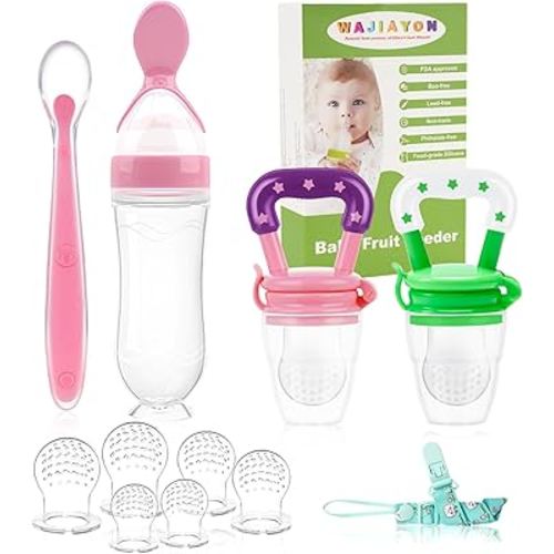 WAJIAYON Baby Fruit Feeder Pacifier - 5 Pack | 2 Mesh Infant Food Feeder Pacifier & 1 Baby Food Dispensing Spoon | Fresh Fruit Teethers for Babies |Shower Gifts for Boys and Girls (Pink & Green)