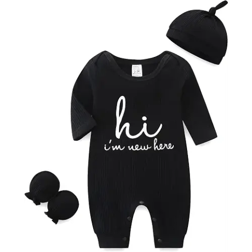 Babymine Newborn Coming Home Outfit Unisex Baby Clothes with Mittens & Hat | Cute Newborn Baby Shower Gifts for Boys and Girls,Soft Hi Im New Here Newborn Photography Outfit,Baby Registry Search