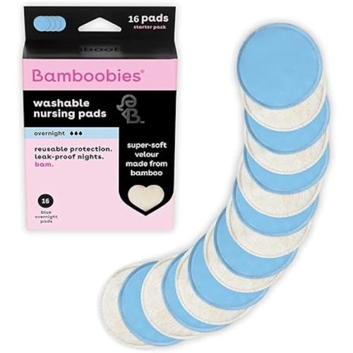 Bamboobies Overnight Nursing Pads, Ultra-Soft Velour, Reusable and Washable for Nightly Use, Leak-Proof Pads for Breastfeeding, 16 Pads