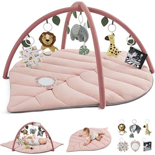 Blissful Diary Baby Play Gym & Activity Mat, Leaf Shaped Baby Play Mat with 6 Detachable Toys, Tummy Time Mat Promote Motor Skills & Sensory Development, Newborn Baby Essentials Gift, Crystal Pink