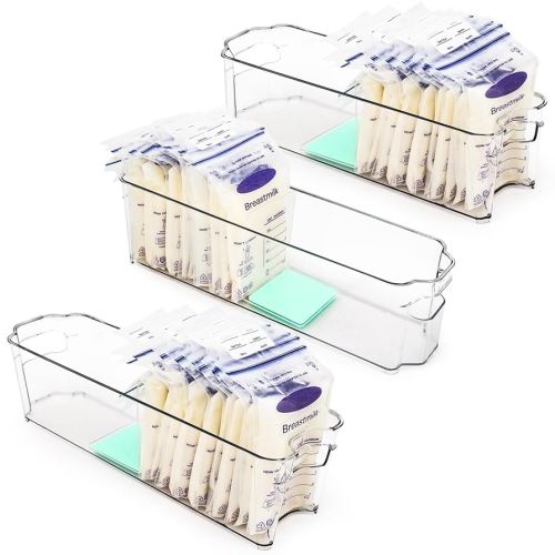 Breast Milk Storage Containers for Fridge, Fridge Organizer Bins with L-Shaped Compressor Inserts for Flattening Breastmilk Bags, and Space-Saving Design(set of 3)